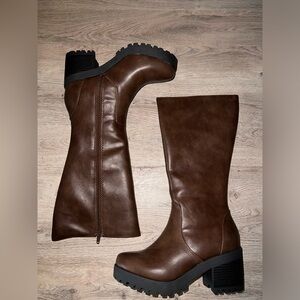 Cognac brown tall chunky boots